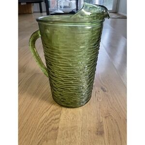 Vtg 1960s Anchor Hocking Soreno Pitcher Avocado Green‎ Ripple Textured Glass